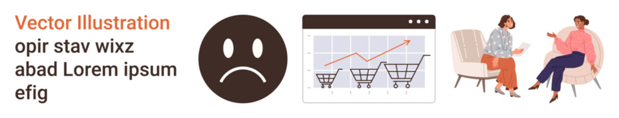 Fototapeta premium E-commerce, market trends, business downturn, customer behavior, analytics, consultation services. Sad face, shopping cart graph two people discussing. E-commerce and market trends concept