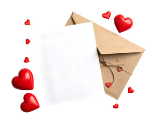 Valentines Day greeting card mockup with envelope and red hearts isolated on transparent png
