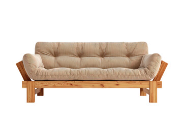 Obraz premium Low, wooden-framed futon sofa with a beige, cushioned seat