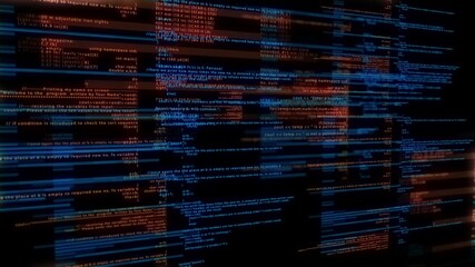 Abstract digital screen displaying lines of code and data streams in orange and blue hues with a shallow depth of field effect creating a sense of depth and complexity in programming and technology - Powered by Adobe