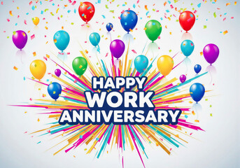 Colorful balloons and confetti surround the bold text "Happy Work Anniversary" on an explosion of vibrant paint splashes, conveying a festive tone.