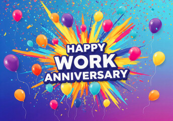 Colorful "Happy Work Anniversary" graphic with vibrant splashes, confetti, and balloons on a gradient blue to purple background, conveying celebration and joy.