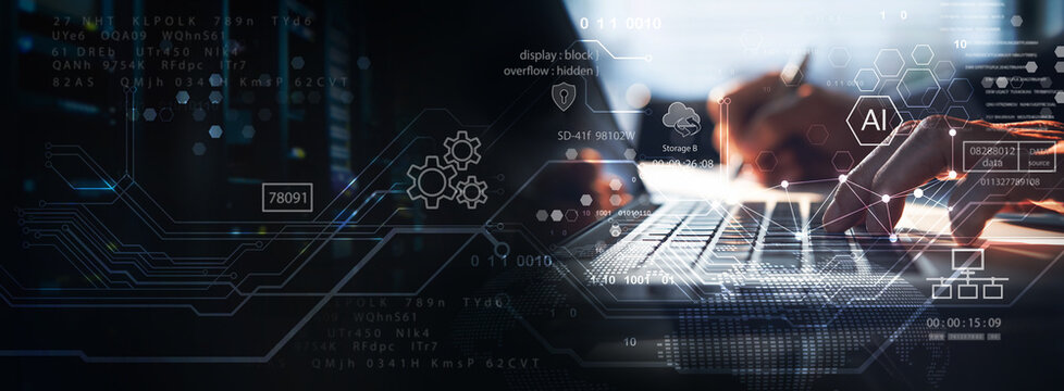 AI technology, Data engineering. Computer programmer, software engineer using digital tablet with AI for data analytics with database management and network server, technology background - Powered by Adobe