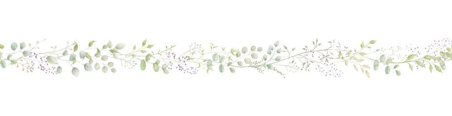 Seamless watercolour spring border with eucalyptus leaves. Endless green pattern isolated on white background for wedding design © Elena