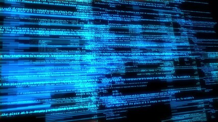 Vibrant blue digital interface with scrolling lines of code and data against a dark background, showcasing a complex technological system and information processing with a futuristic feel - Powered by Adobe