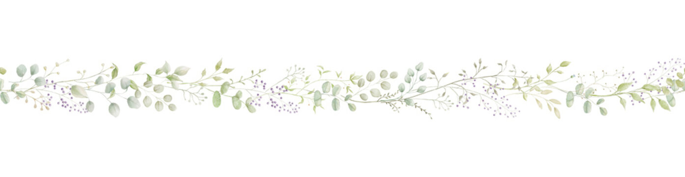 Seamless watercolour spring border with eucalyptus leaves. Endless green pattern isolated on white background for wedding design