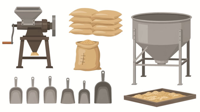 Industrial flour milling setup with sacks, containers, and baking preparation gear.