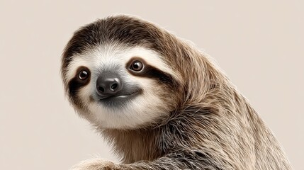 Obraz premium Cute and Fluffy Sloth Smiling with Bright Eyes Against Neutral Background