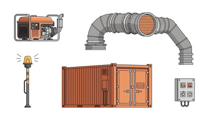 Industrial equipment and infrastructure essentials: container, pipework, light, and lifting device.