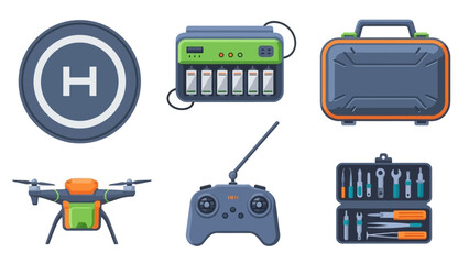 Collection of technology devices and tools including drone, game controller, and toolbox icons.
