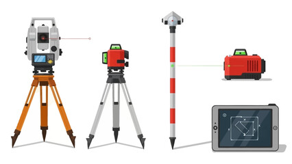 Surveying equipment setup with tripods, theodolite, vertical staff and monitor for site measurements.
