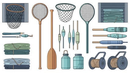 Collection of diverse sports equipment including rackets, nets, paddles, balls, and related gear laid out.