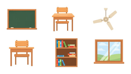 Small classroom setup featuring chalkboard, desks, bookshelf, window and ceiling fan in a cozy learning space.