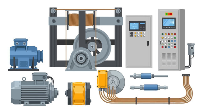 Group of industrial machines and electrical components for manufacturing and automation.