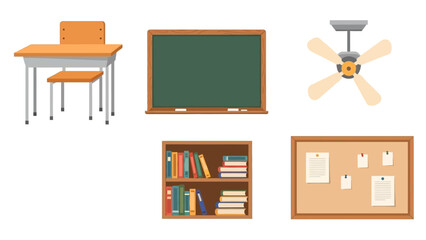 Assorted classroom objects including desks chalkboard bookshelf and notice board in clipart style design for educational visuals.