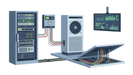 Modern data center infrastructure featuring servers, cooling, and networking equipment.