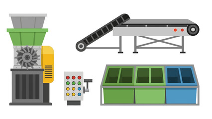 Illustrated factory production line with conveyor belts, sorting bins, and assembly workflow.