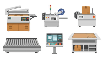 Industrial manufacturing equipment and packaging line featuring printers, conveyors, and control systems for automated production processes.