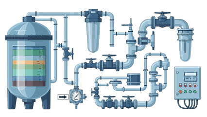 Industrial water filtration system with tanks, pipes, and control panel.