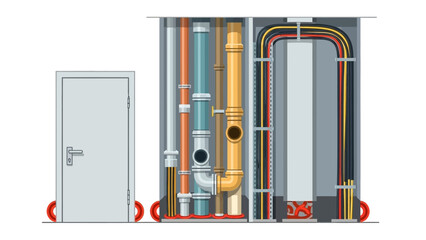 Industrial piping system in a mechanical room with exposed pipes and valves.