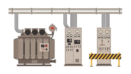 Industrial electrical transformer and control panels setup with safety barrier and piping.