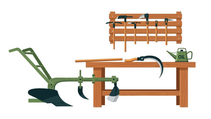 Woodworking tools and workbench setup with planks and saw in a carpentry workspace.