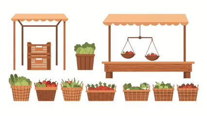 Colorful outdoor market stall with wooden crates, pots, and hanging scales displaying fresh produce and potted plants.