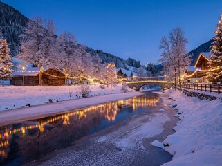 Christmas winter village scene with snow covered chalets and river lights at twilight