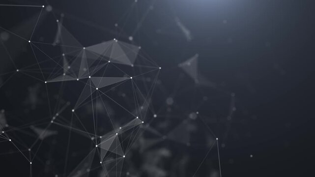 Dark grey abstract background showcasing a subtle network of interconnected white dots and lines forming translucent triangular shapes, evoking a sense of digital connectivity and scientific