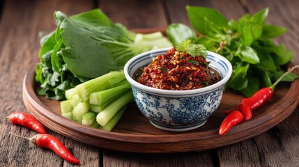 Fresh vegetables with spicy dipping sauce, green herbs and red chili peppers arranged on a wooden tray showcasing vibrant flavors and nutrition