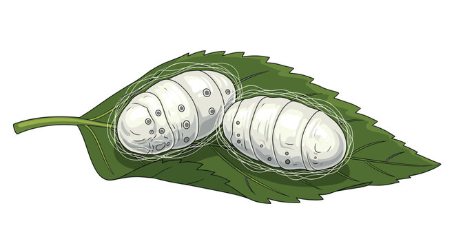 Two white silkworm cocoons are resting on a large green leaf to represent silk production, sericulture, and natural biological processes.