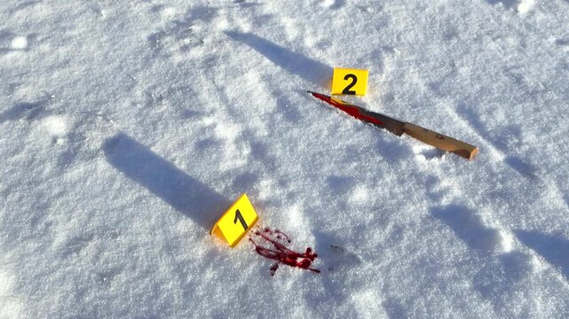 Yellow colored forensic police crime scene markers next to bloody knife and blood stain on white fluffy snow during a winter sunny day. Footage slowly orbits around the evidence with long shadows.