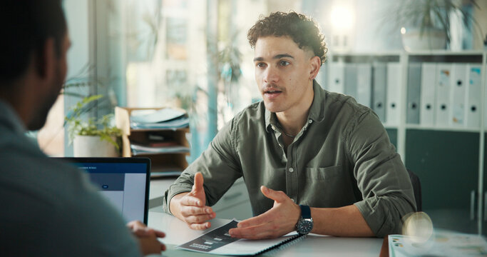 Resume, job interview and business men in office for meeting, recruitment or finance vacancy. Discussion, paperwork and hr manager with candidate for hiring process with documents in workplace.