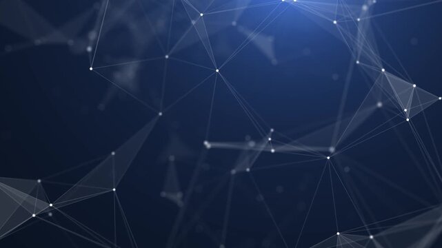 Deep blue abstract background featuring a luminous network of interconnected white dots and lines forming geometric triangular shapes, symbolizing digital connections and scientific concepts