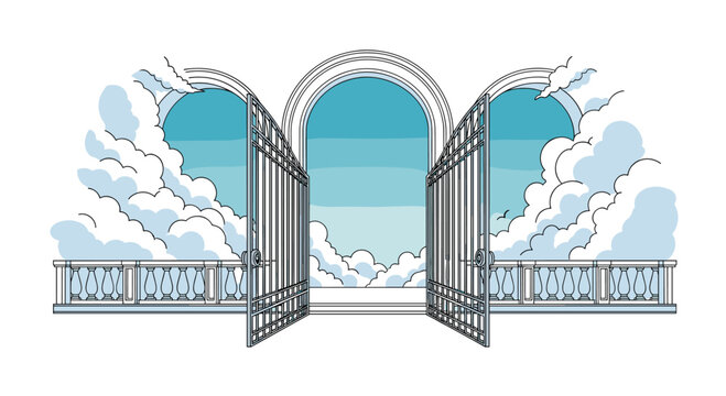 Ornate metal gates stand wide open leading into a serene sky filled with fluffy white clouds and a soft blue horizon line representing heaven.