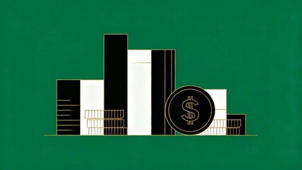 Minimalist illustration showing public budget control and fiscal oversight with dark ivory and gold lines on deep green  background