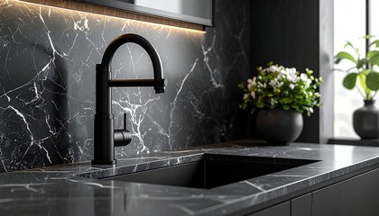 A modern kitchen sink area with black marble countertops and backsplash