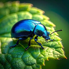 Iridescent blue beetle atop a textured green leaf, bathed in soft natural light
