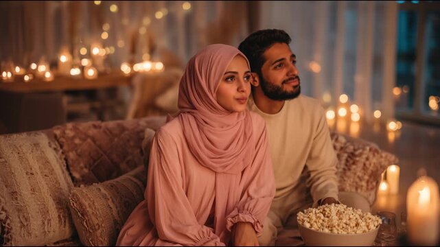 Middle eastern couple enjoying a movie night, eating popcorn in a cozy, candlelit living room