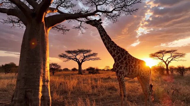 A Majestic Giraffe Grazes Beneath a Baobab Tree During a Serene African Sunset