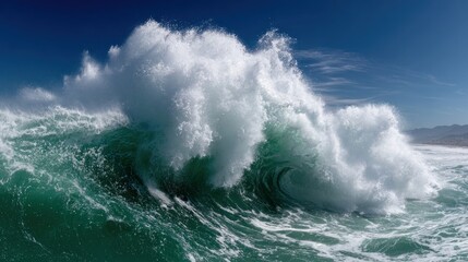 Crashing wave, frothy white crest, clear turquoise water against a blue sky