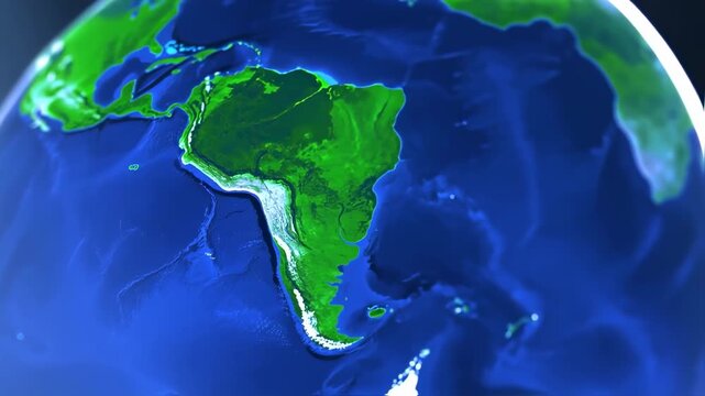 A 3D rendered globe, focused on South America, showcasing land elevation and ocean depth