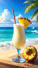 Creamy, tropical pi?a colada with pineapple slice & red straw, on a beach with blue sea and palm fronds