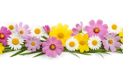 A collection of colorful flowers arranged in a floral border with green leaves on a plain background