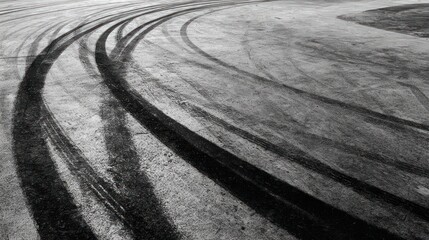 Curved tire tracks mar a grey concrete surface, a stark, high-angle view
