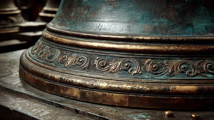 Court bell casting seam detail emphasizing ceremonial craftsmanship through metal flow lines, acoustic shaping marks, and historic judicial signaling construction