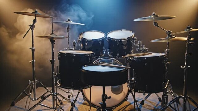 Acoustic drum kit set up on a stage with dramatic lighting and atmospheric smoke effects creating a powerful musical performance ambiance