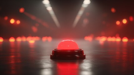 Close-up of a glowing red button on a dark, reflective surface with blurred red lights in the background