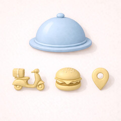 Fototapeta premium 3D Clay Food Delivery UI Set — Cloche, Scooter, Burger, Location Pin (1 Large + 3 Small)