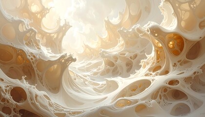 An ethereal landscape of abstract, textured forms in warm, creamy tones bathed in a soft, heavenly light. It evokes a dreamy atmosphere